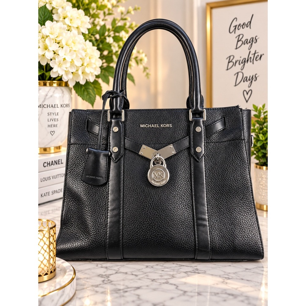 Michael Kors Nouveau Hamilton Satchel Black Pebbled Leather Handbag Silver Lock